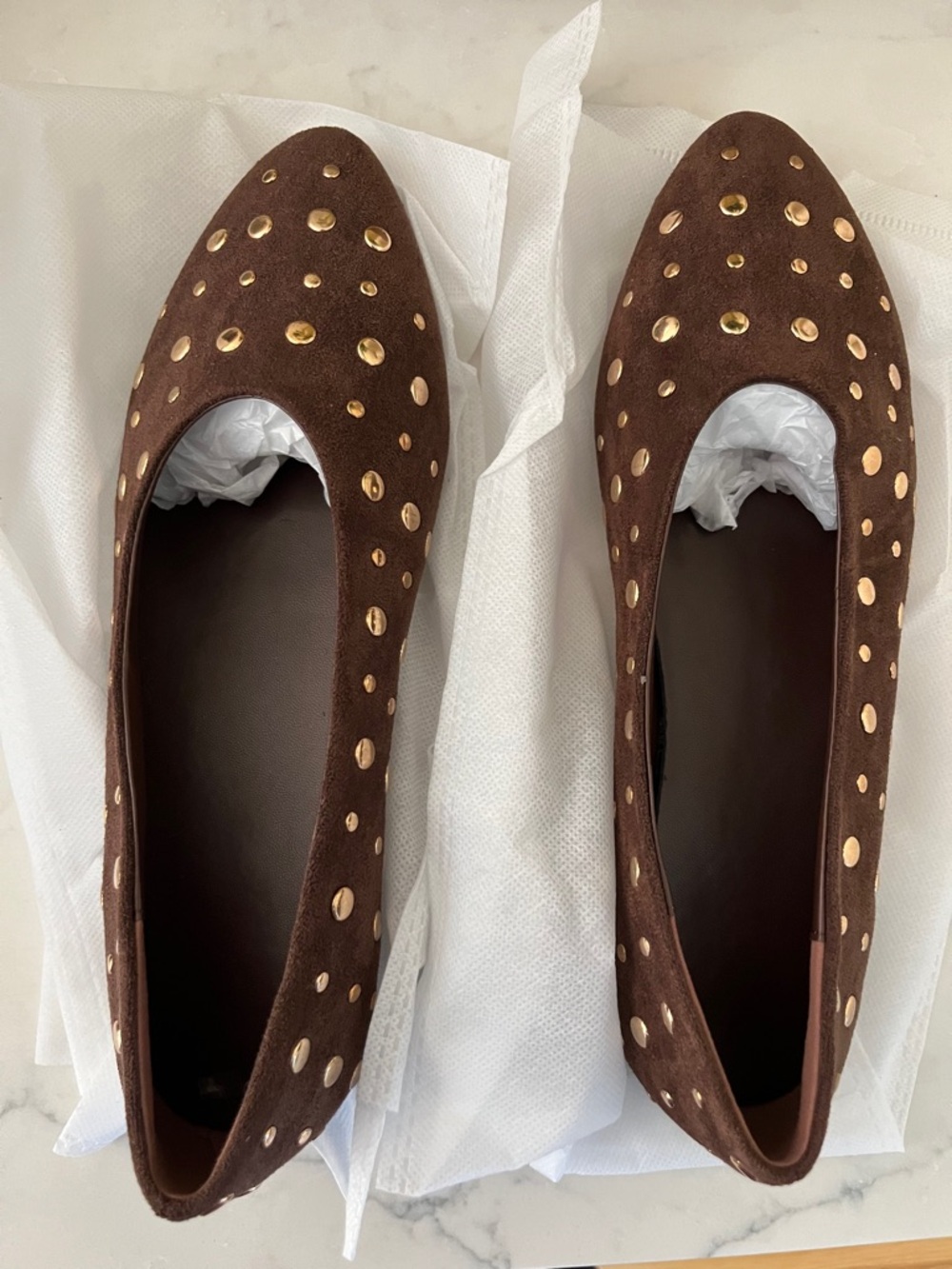 Women's Brown Suede Studded Pointed-Toe Flats